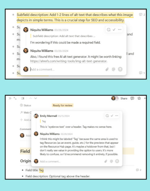 Screenshots of collaboration on CMS in Notion
